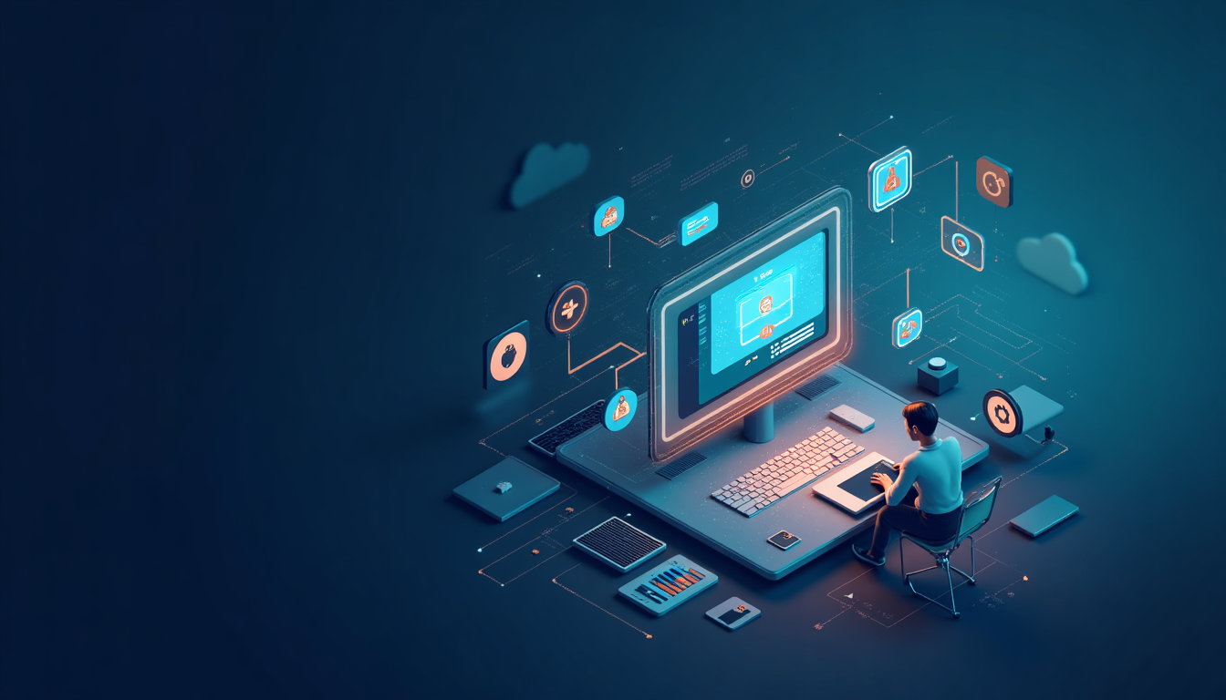 Un tânăr lucrează la un laptop, ilustrând un job în marketing digital, cu grafice și iconițe specifice nișei.
