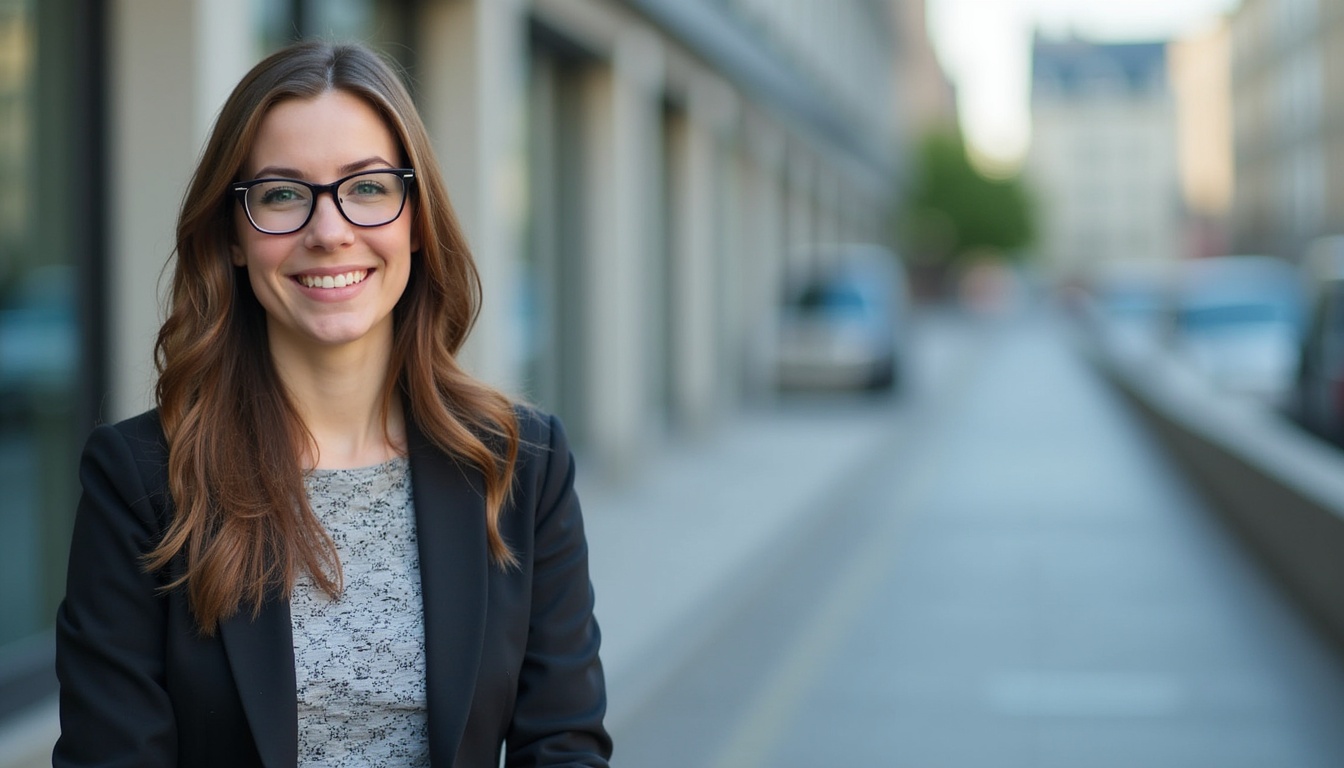 Student zâmbitor cu laptop, simbolizând succesul într-un internship în România.