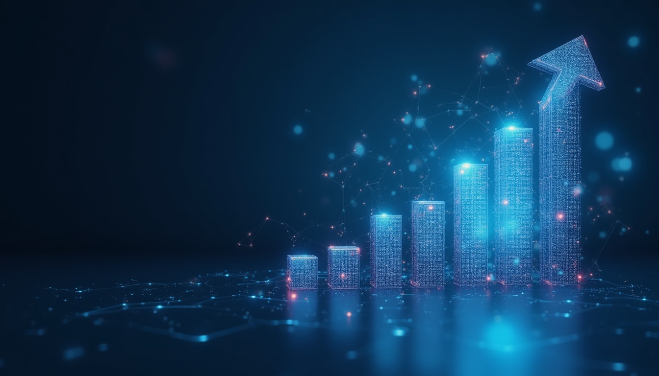 Un student navigând pe internet pe un laptop, înconjurat de iconițe reprezentând diverse aspecte ale marketingului digital